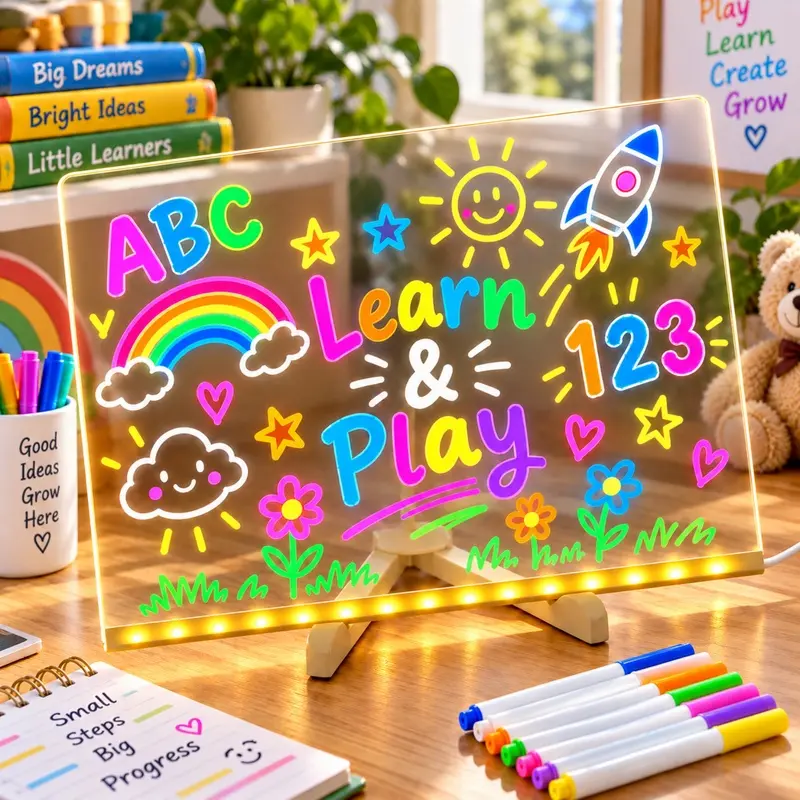 Light Up Acrylic Memo Board with Stand, LED Dry Erase Message Whiteboard, 11.8 x 7.9 Inch Dimmable USB Powered Note Board with 7 Color Pens for Home Kitchen Office School