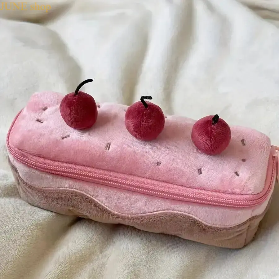 Cute Aesthetic Pink Cherry Cake Plush Pencil Case for Teen Girls - Large Capacity Stationery Organizer, Zip Closure, Durable, Optimal Storage for Back-to-School, Office Supplies