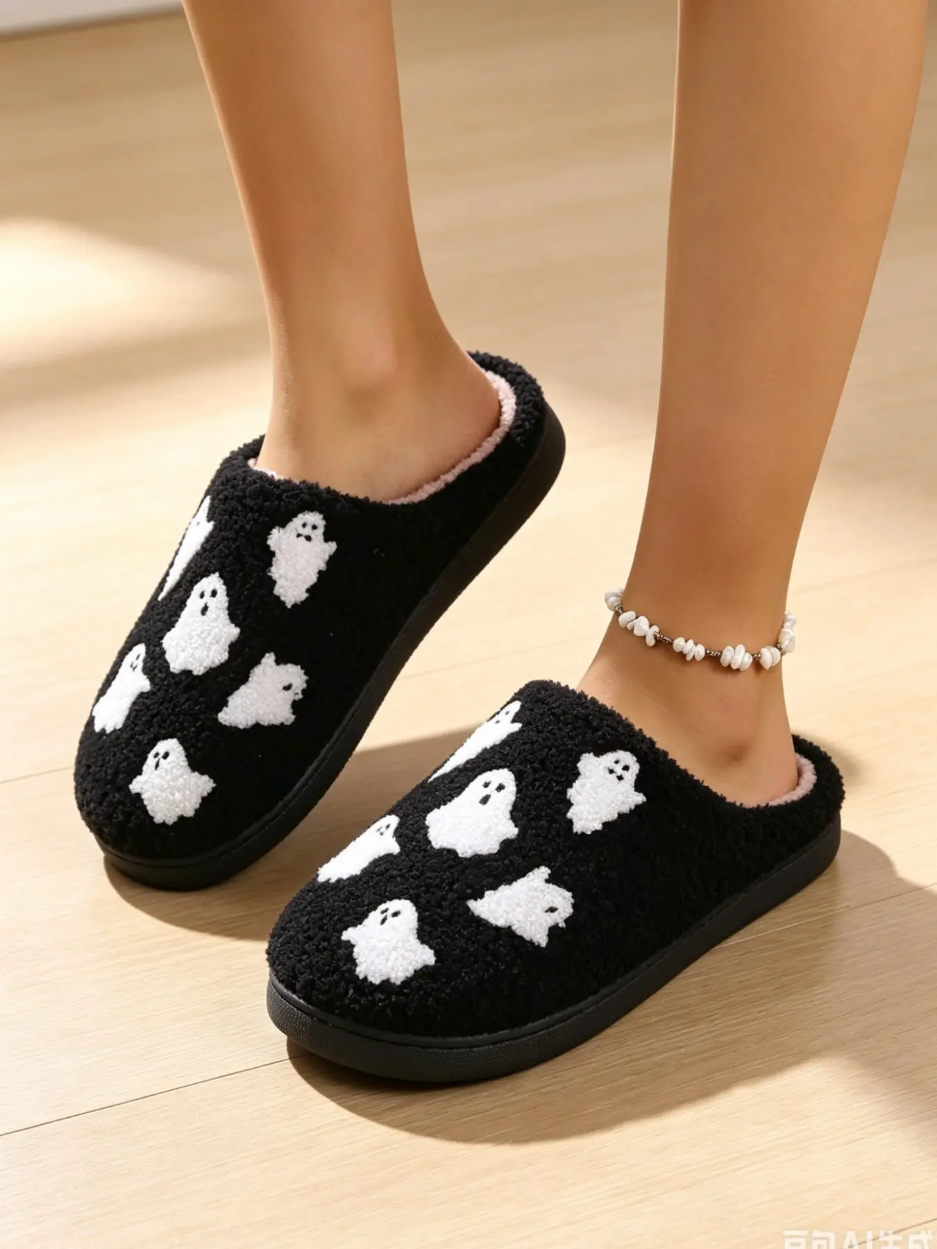 Women's Halloween Ghost Embroidered Plush Slippers, Thickened Warm Non-Slip Sole, Casual Indoor Shoes for Fall Winter