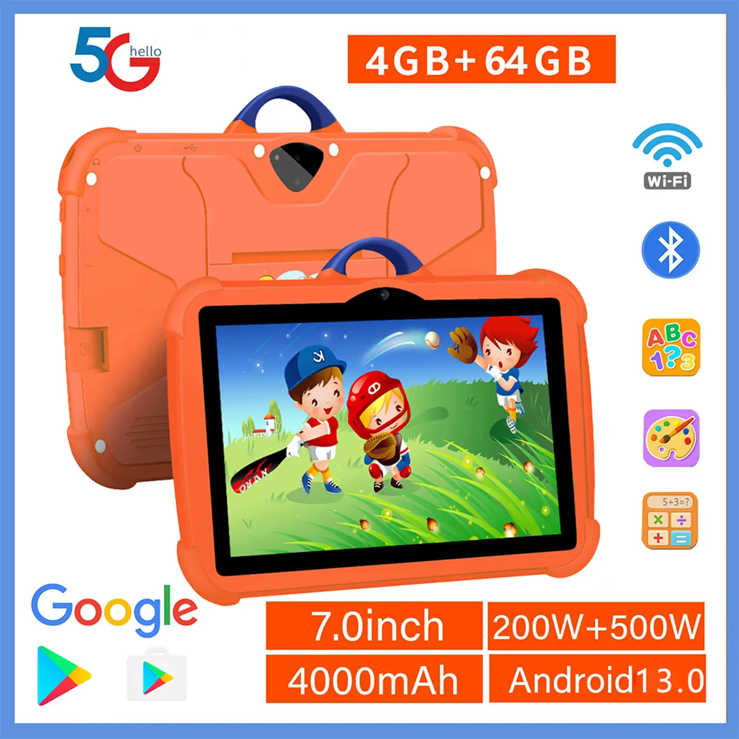 7 in Android Electronic Tablet - 5G WiFi Bluetooth LCD Touchscreen, Quad-Core 4GB RAM 64GB ROM, Toddler Wireless Tablet with Kids Safe Mode, Top Children's Educational Learning Gift