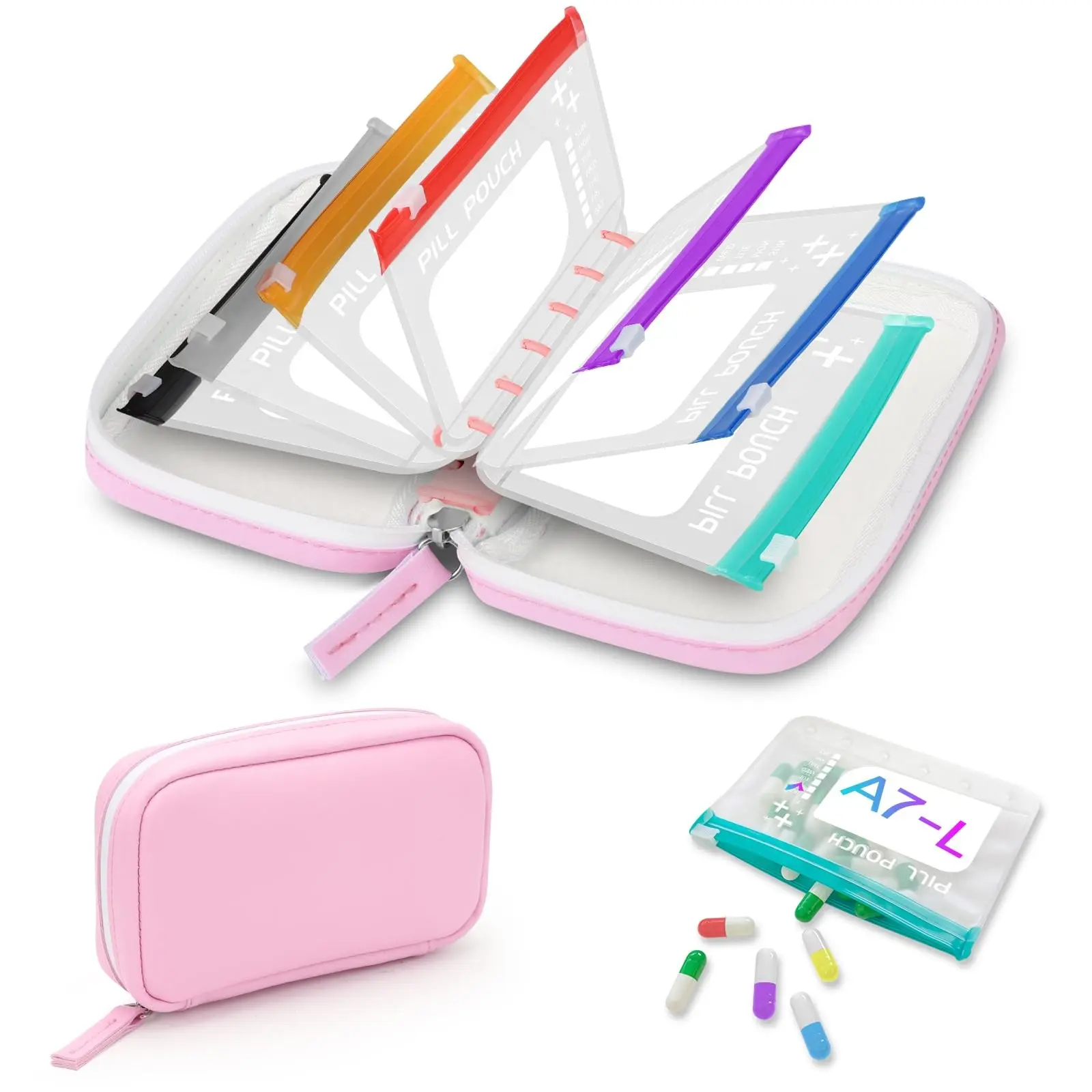 A7 Waterproof Pill Organizer with 7 Large Zippered Pill Pouches for A7 Binder, BPA-Free Weekly Medicine Storage, Color-Coded Reusable Travel Pill System, Supplement Organizer