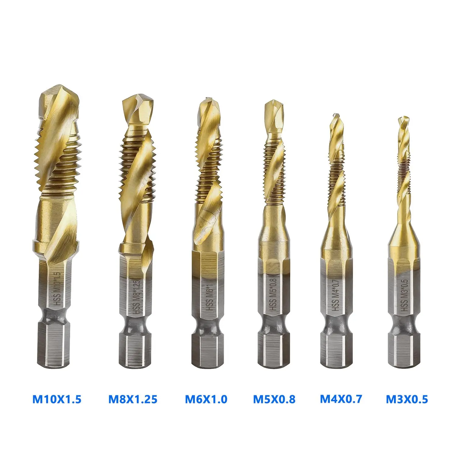 6PCS Combination Drill Tap Bit Set, Titanium-Plated Screw Thread Drill Bits M3 M4 M5 M6 M8 M10, One-Step Drill, Tap & Deburr Tool for Metal, Wood, Plastic & Aluminum