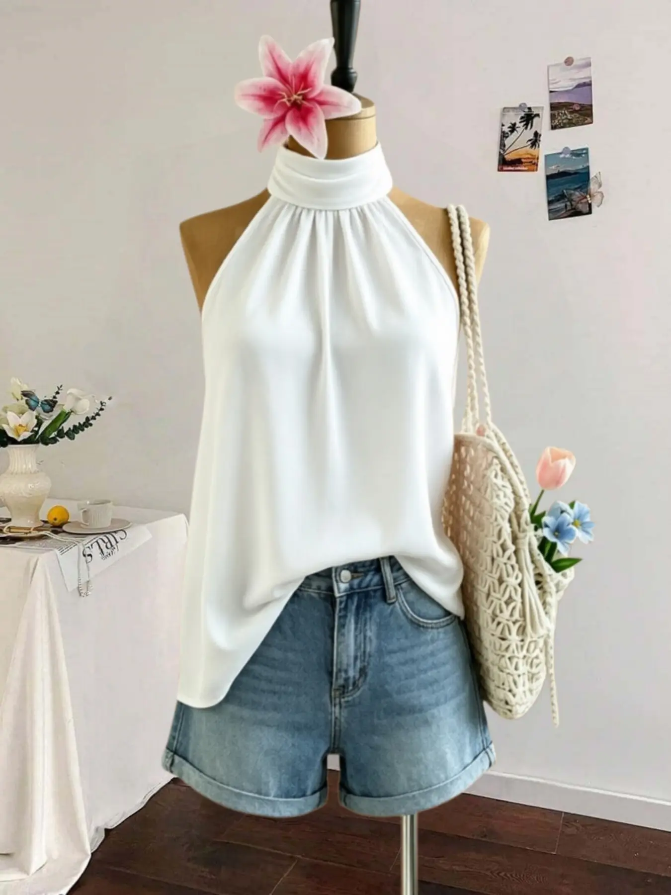 Korean Style Casual Commuter Top, Classic Versatile Halter Neck Adjustable Strap Sleeveless Shirt, Loose Fit Tank Top for Everyday Wear