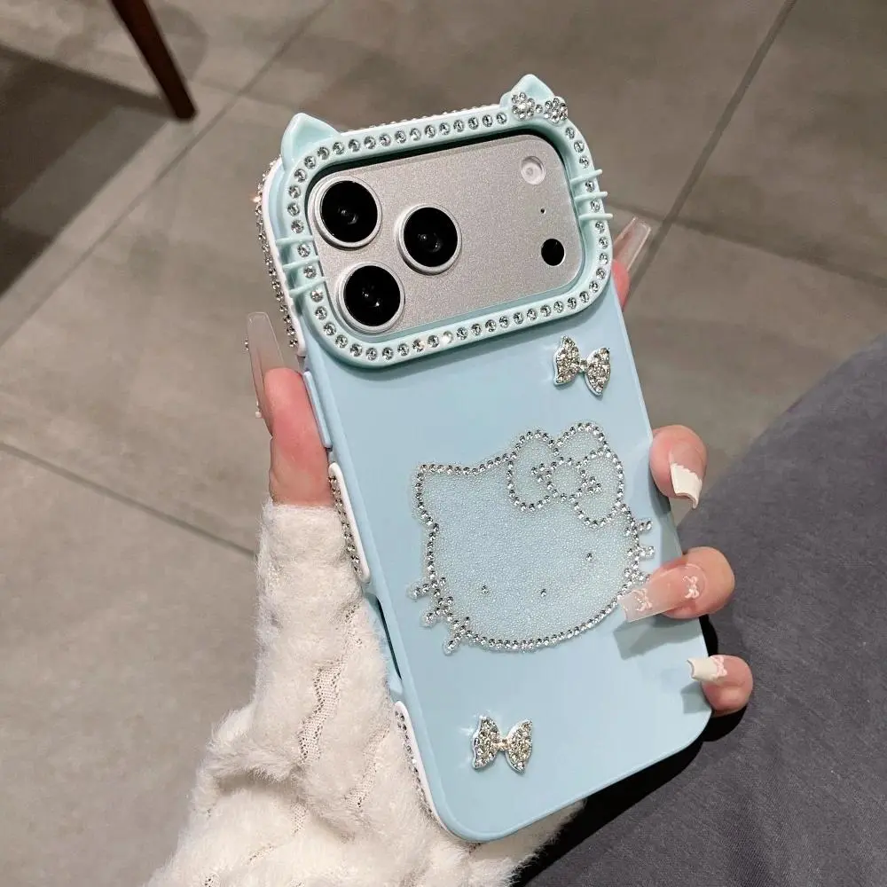Sparkling Diamond Dopamine Bow Cat Ear Phone Case For iPhone 17 16 15 14 13 Pro Max Plus Shockproof Protective Cover