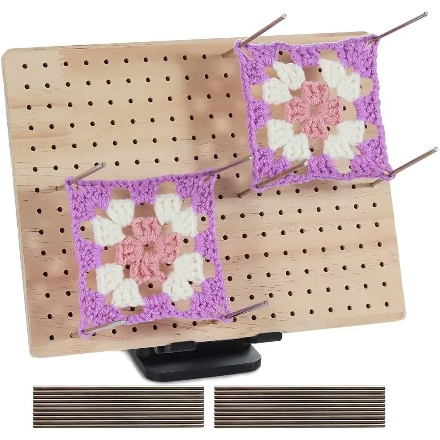 9.8 x7.7 inches Crochet Blocking Board with Pegs, Wooden Blocking Boards for Granny Square Projects, 20 count Stainless Steel Rods