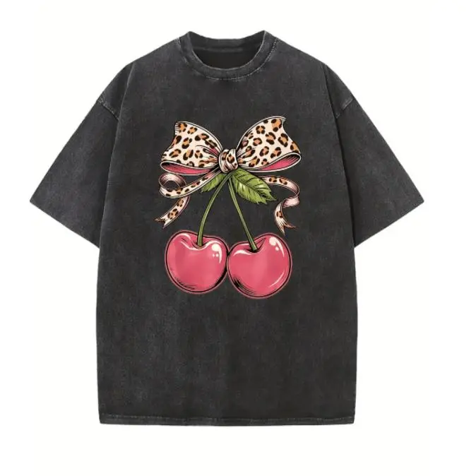 Plus size T-shirt, Women's Cherry Cherries Leopard Bow Print Short Sleeve Crew Neck T-Shirt  ，Unisex 100% Cotton Athletic T-Shirt Soft Breathable Casual，T-Shirt For Men And Women