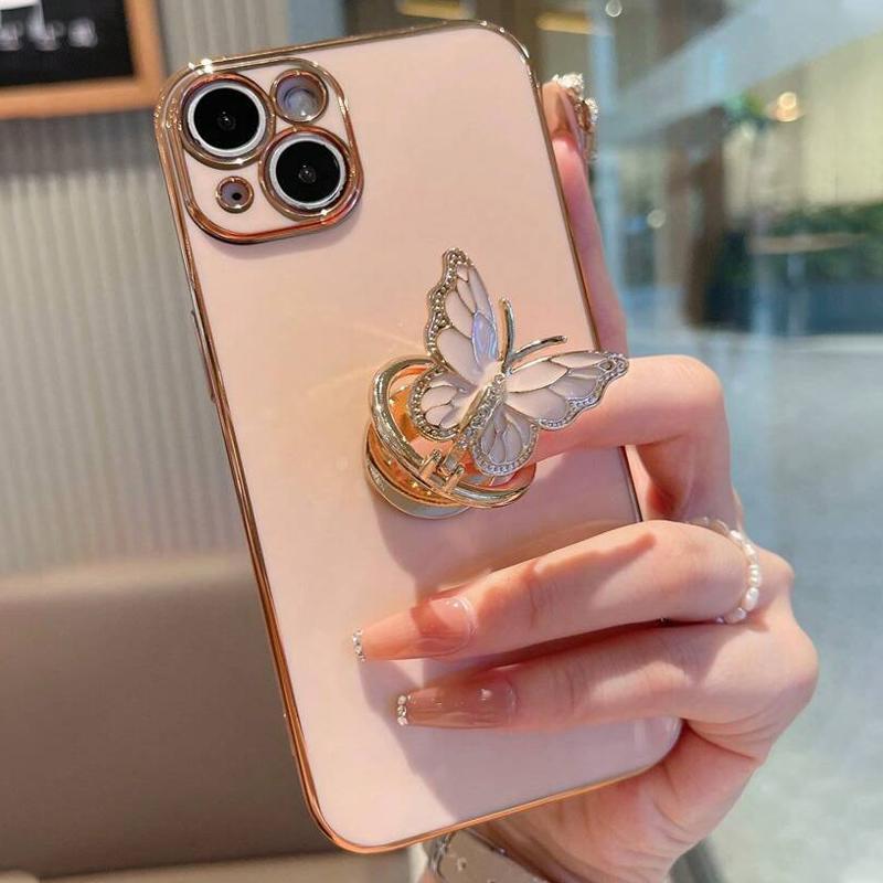 Butterfly Design Aesthetic Phone Case with Ring Holder, 1 Set Fashion Phone Protective Case, Phone Accessories Compatible with iPhone 11 12 13 14 15 16 Series