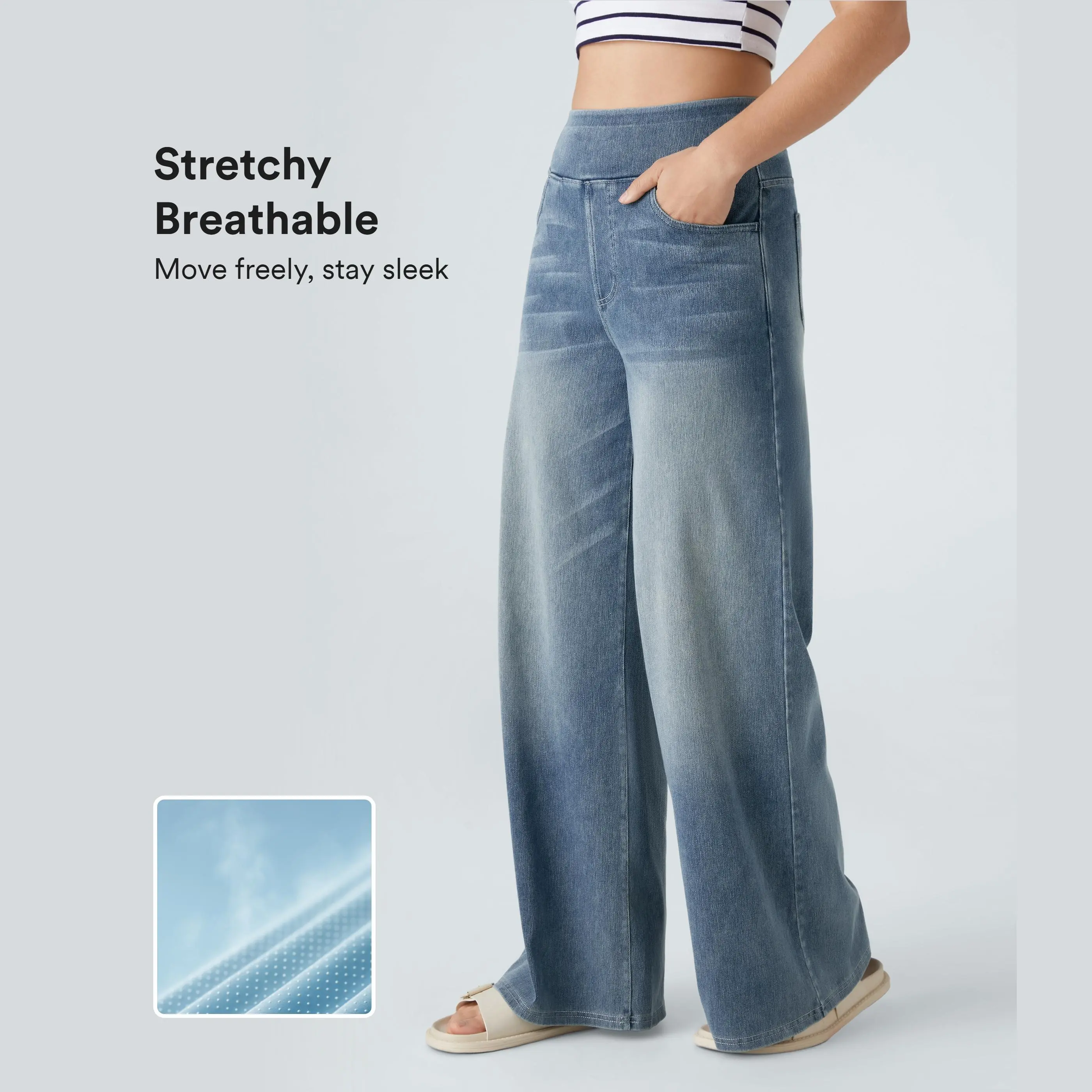 Halara Flex™ High Waisted Pockets Baggy Wide Leg Washed Casual Jeans