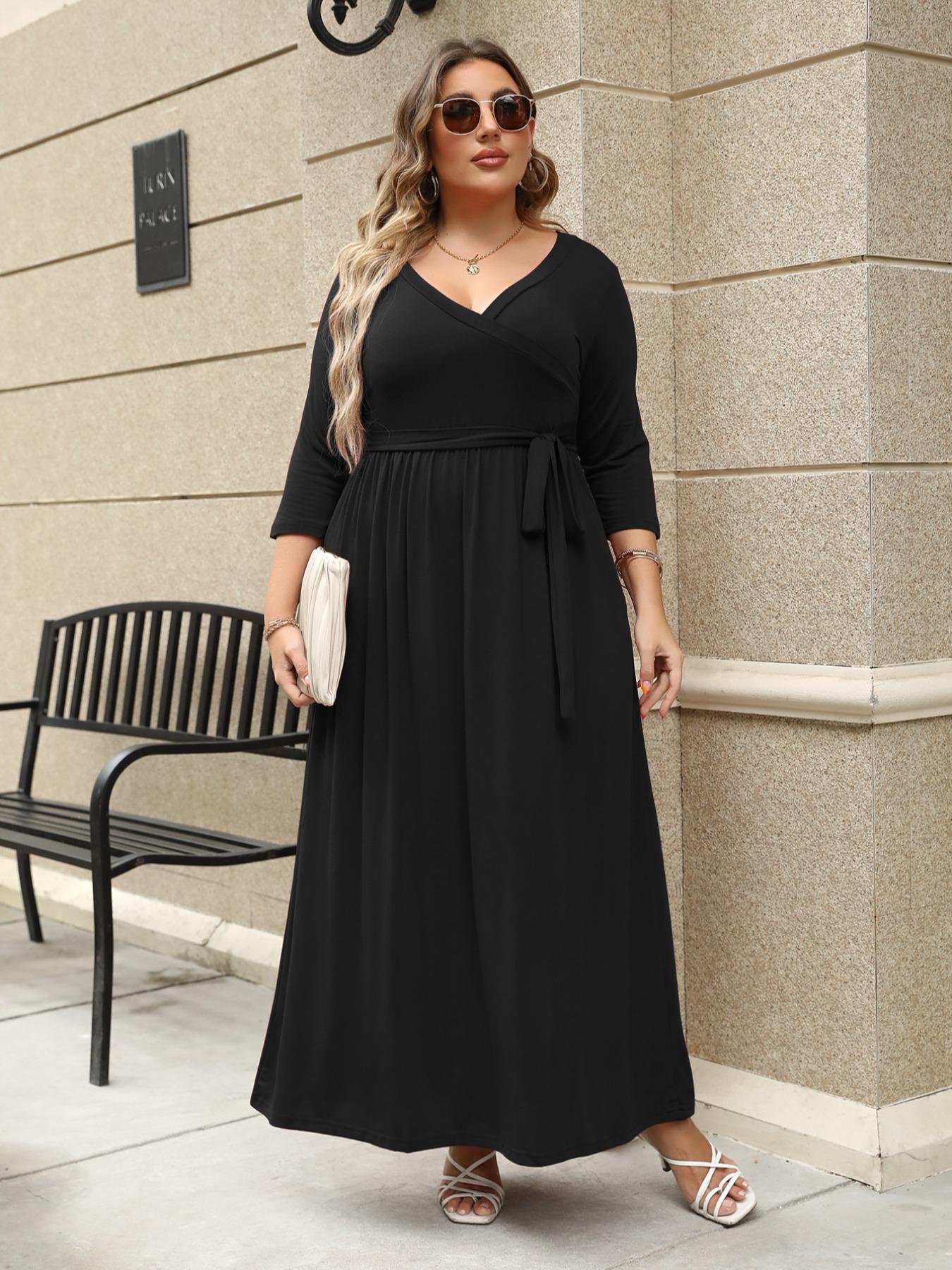 Women's V Neck Stretchy Casual Long Plus Size Dress, Perfect for Bridesmaids, Vintage Style Wedding & Party Wear, Comfortable All-Day Fabric