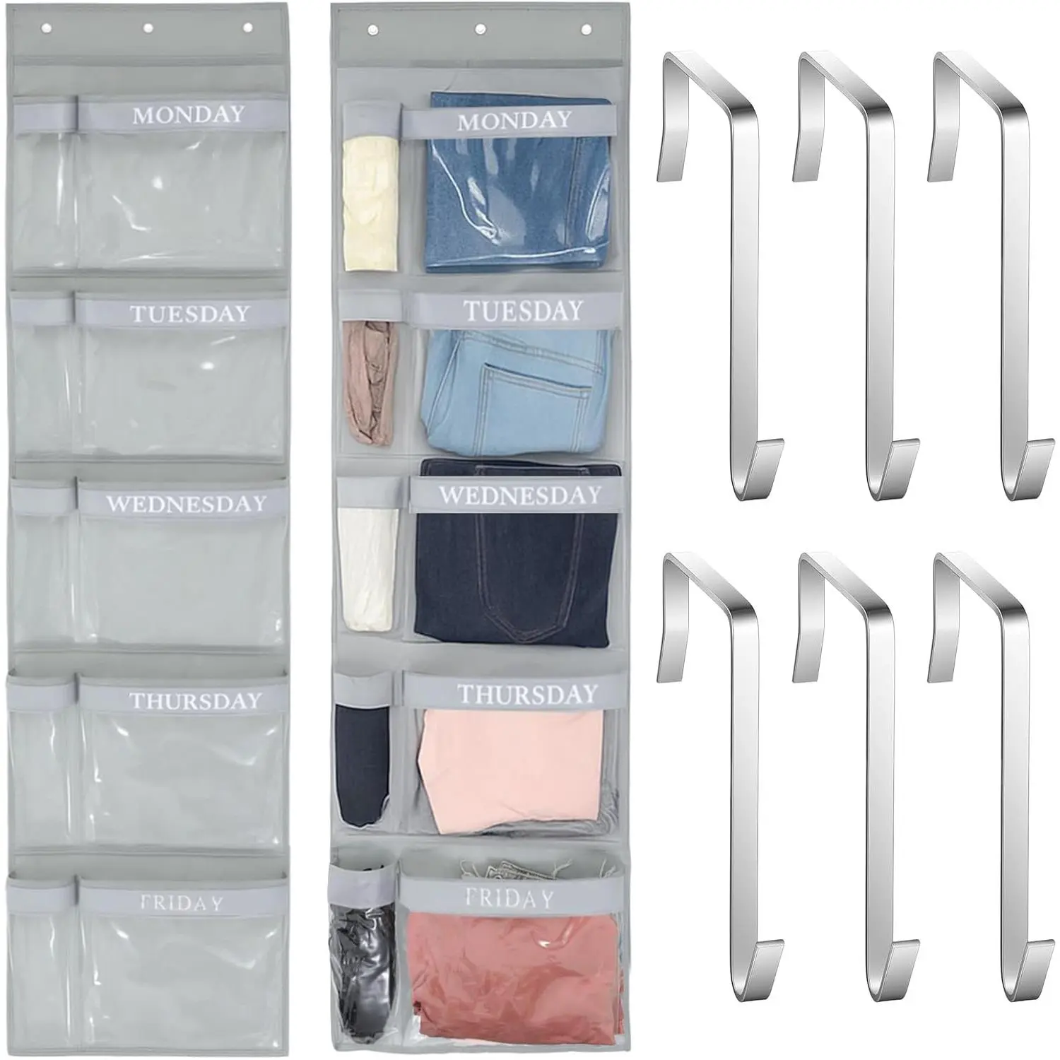 2 Pcs Clothes Organizer For Kids – Weekday Clothes Organizer For Kids, Days Of The Week Closet For School Outfits, 5-Layer Wardrobe Organizer With Labels Monday To Friday, Gray