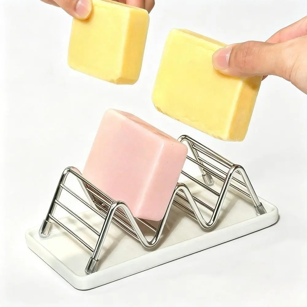 Stainless Steel Wave Design Soap Bar Holder - 1 Rust-Proof Standing Rack with Removable Water Tray, Non-Slip Base, Large Water Draining for Kitchen/Bath Countertops, Holds Soaps
