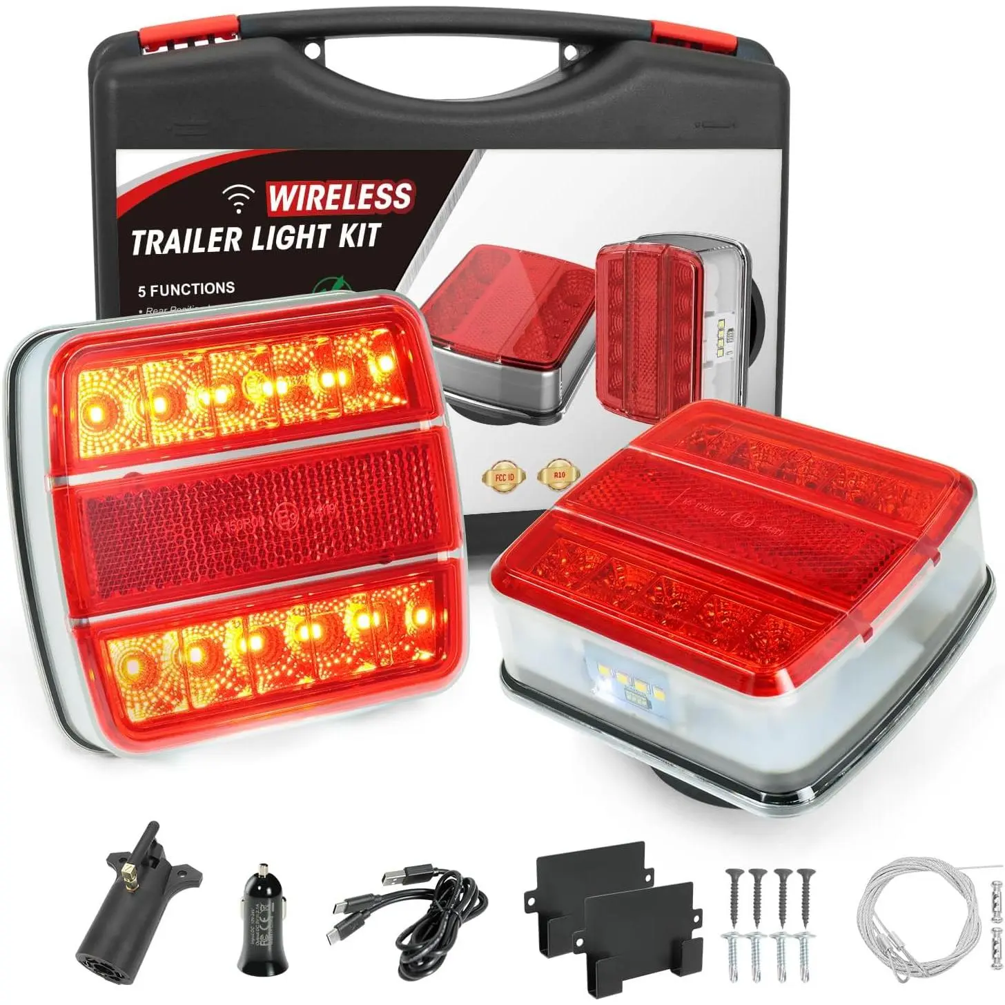 Portable Outdoors Wireless Magnetic Trailer Lights Kit - USB-C Fast Charging LED Turn/Brake Lights, IP67 Water Resistant Retroreflective Steel, Secure for Tow Vehicles