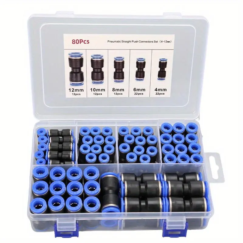 80PCS Pu4/6/8/10/12 Durable Pneumatic Quick Connector Pipe Straight Push-In Connector Air Pipe Connector