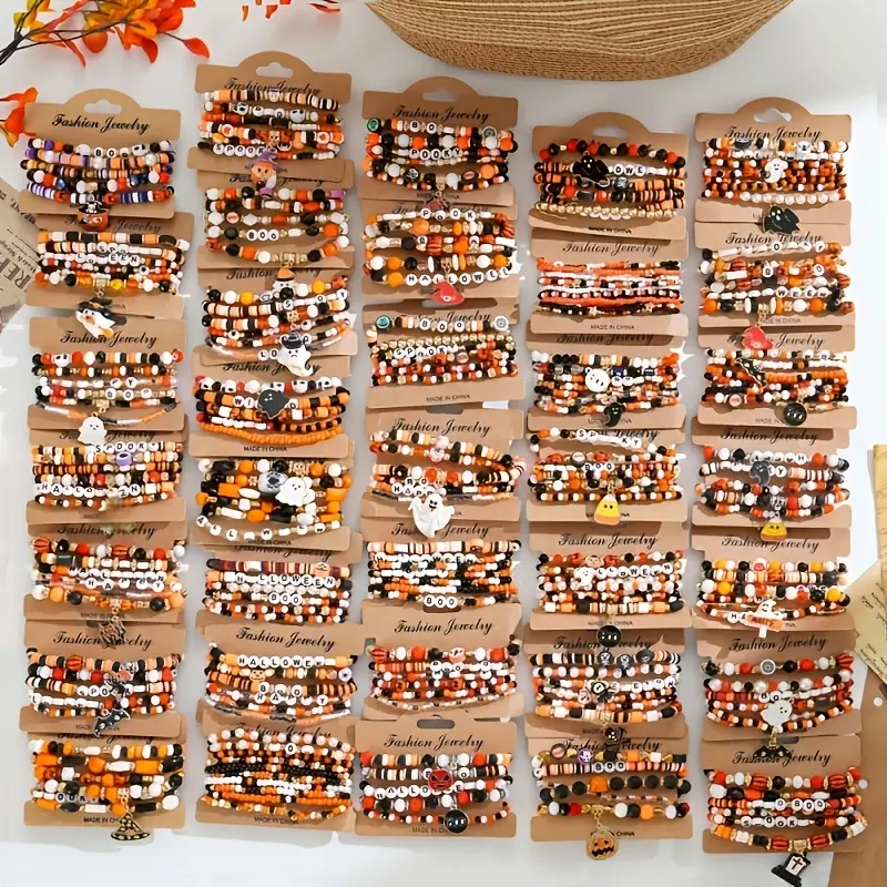 Vintage Halloween Bracelets, 24/35-Piece Random Style Acrylic Stacking Stretch Set with Bat & Pumpkin Charms for Daily Casual Party Favors, 24/35Pcs, Yes, Unisex, Stretch Bracelet, Acrylic Alloy