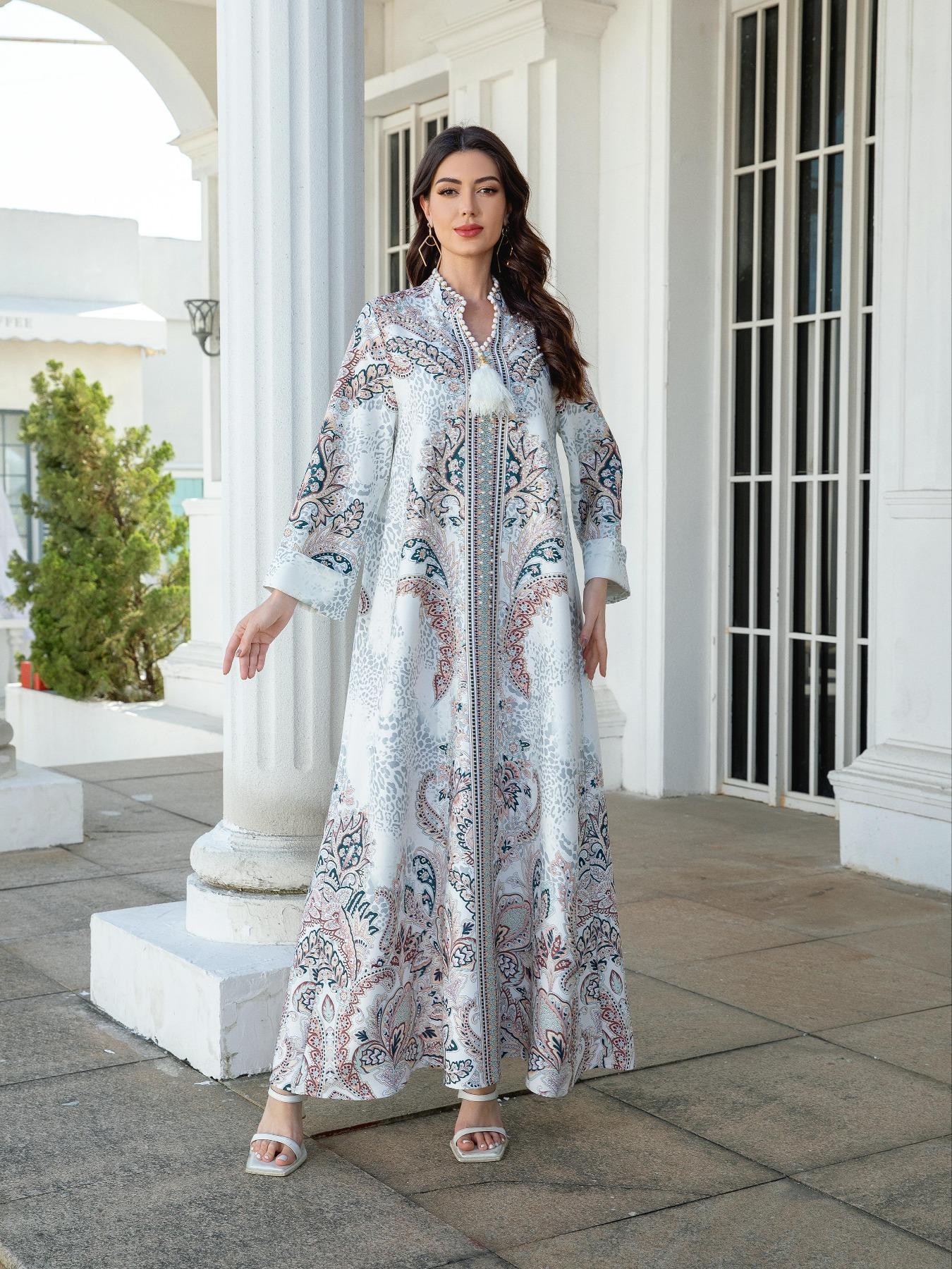 Women's V Neck Long Dress, All-Season Loose Fit A-Line Jalabiya, Long Sleeve, Soft 75D Stretch Fabric, Elegant Arabic Clothing