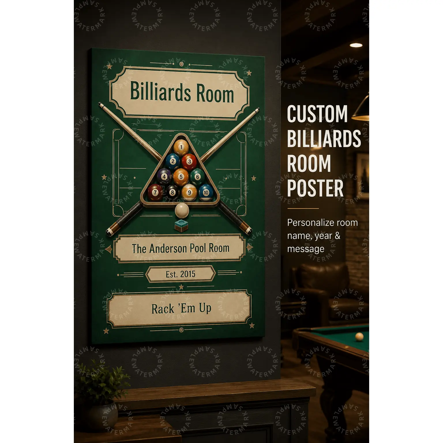 Custom Billiards Room Poster, Personalized Pool Table Wall Art, Green Vintage Game Room Decor, Man Cave Bar Lounge Aesthetic Poster, Father’s Day Birthday Housewarming Gift