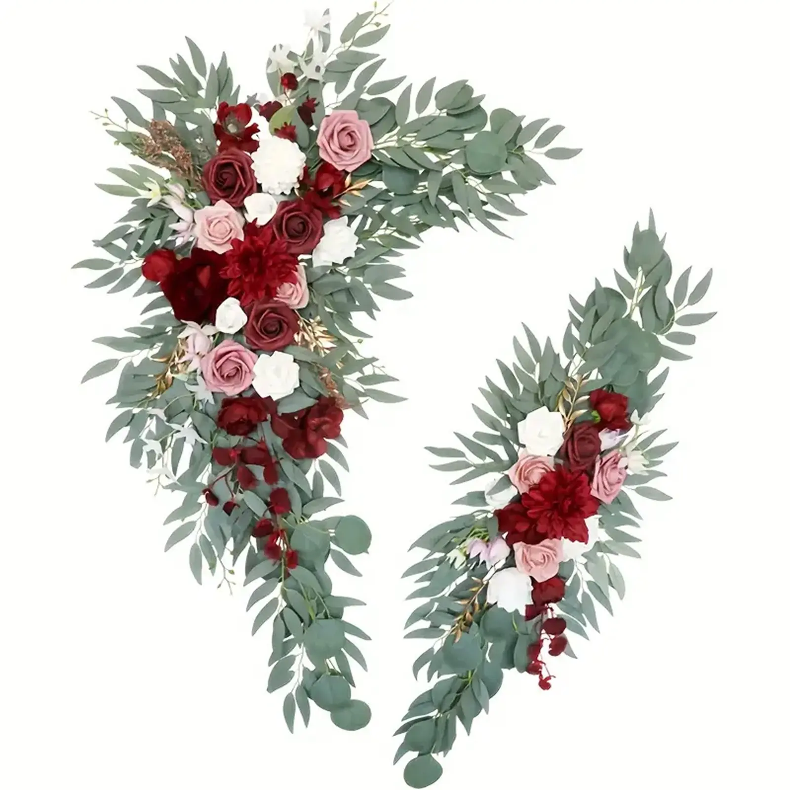 2 PCS red artificial wedding flower decoration, Wedding floral arrangements, featuring simulated roses, dahlias, and green leaves, perfect for outdoor, beach, garden weddings, reception background decoration