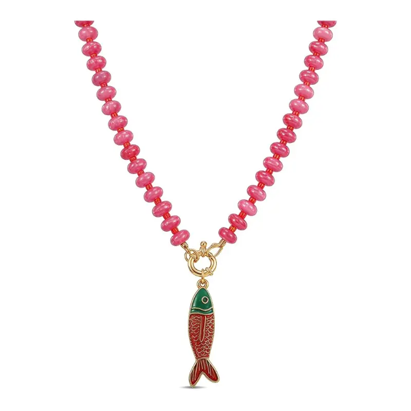 Bohemian Resin Bead Necklace For Vacation Style Oil Drip Fish Heart Pendant Alloy Beaded Chain Geometric Animal Shape