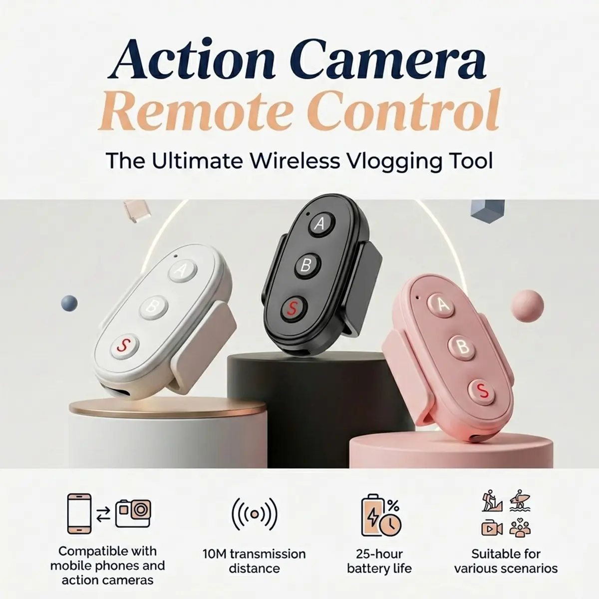Universal Bluetooth-compatible Camera Remote Controller for Action Camera Gopro Dji Insta360 Smartphones, 50 Feet Wireless Range, Long Battery Life, Shutter Control