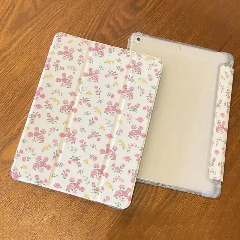 Pink Rose & Tiny Yellow Wildflower Pattern iPad Series Tablet Cover, TPU Material Tablet Accessories with Automatic Sleep-Wake Function, Stylish Elegant Gift for Loved Ones, Christmas, Covers