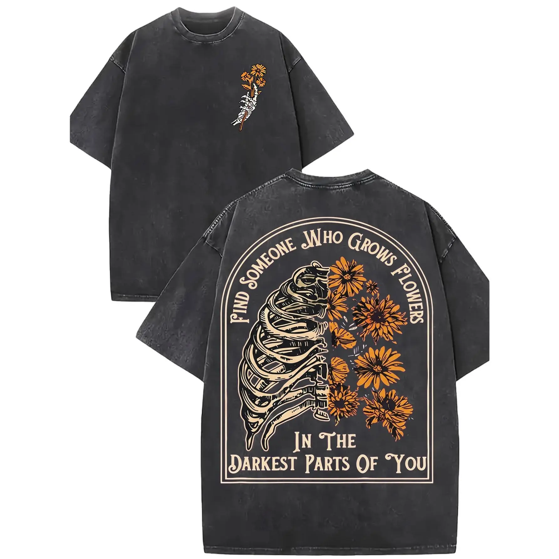 Men's Sunflower Graphic T-Shirt, Heavyweight 230g Washed Cotton Streetwear Tops with a Round Neck for Casual Wear, Men's T Shirts