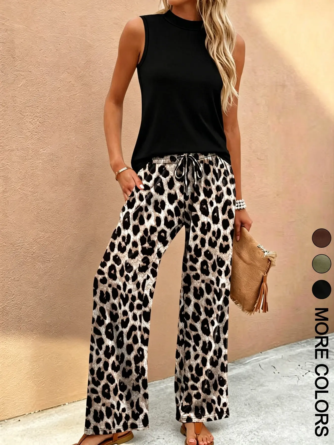 Women's Leopard Print Two-Piece Clothes Set, Outfit, Casual Half-Neck Top + Drawstring Waist Long Pants, Comfortable and Stylish for Everyday Wear