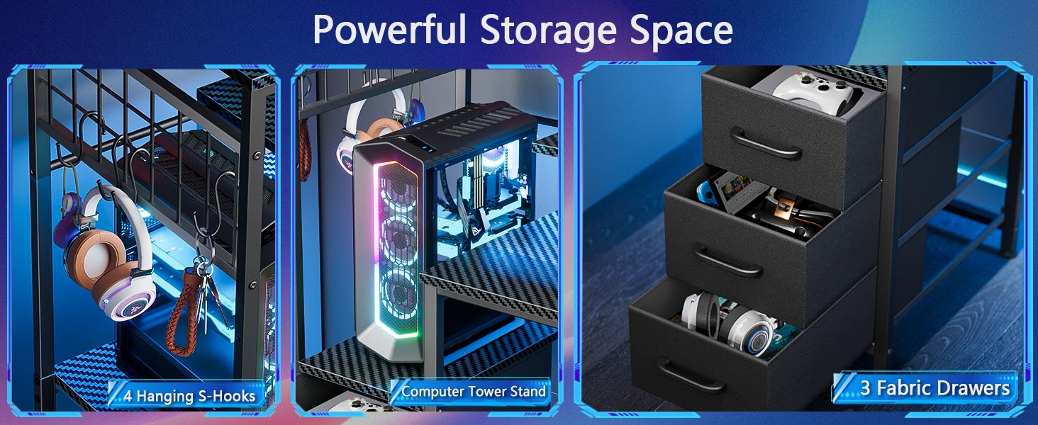 48 Inch Gaming Desk with LED Lights & Power Outlets,Computer Desk with Fabric Drawers & Side Hook,Reversible Gamer Table with Monitor Stand for Game Room,Home Office,Carbon Fiber Black