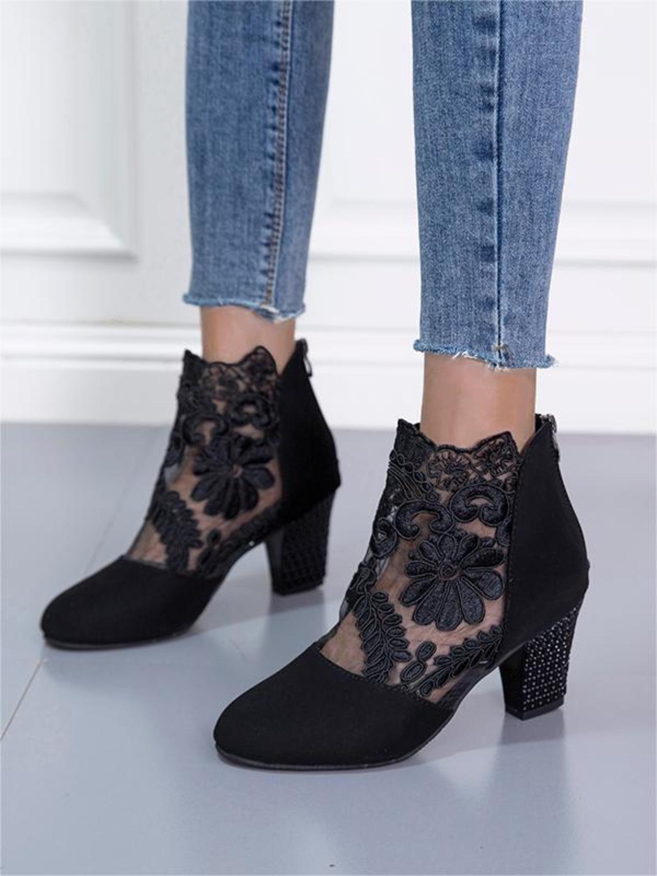 YYW1 Women's Fashion Flower Embroidered Design Contrast Lace Ankle Boots, 1 Pair Elegant Pointy Toe Heeled Boots Daily Wear, All-match Boots Women & Girls, heels, Pointy Toe Boots, Embroidery Ankle Boot
