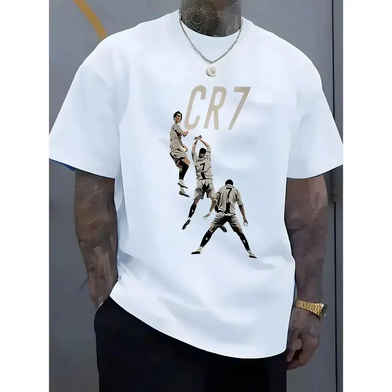 Men's Casual T-Shirt with 'R' & '7' Graphic, Streetwear Style Loose Fit Crew Neck Top in a Lightweight Breathable Polyester, Fabric, Chic, Solid Colors, Oversized Ronaldo Print Men's Short-Sleeve T-Shirts, Cristiano Ronaldo Graphic Men's Short-Sleeve T-Sh