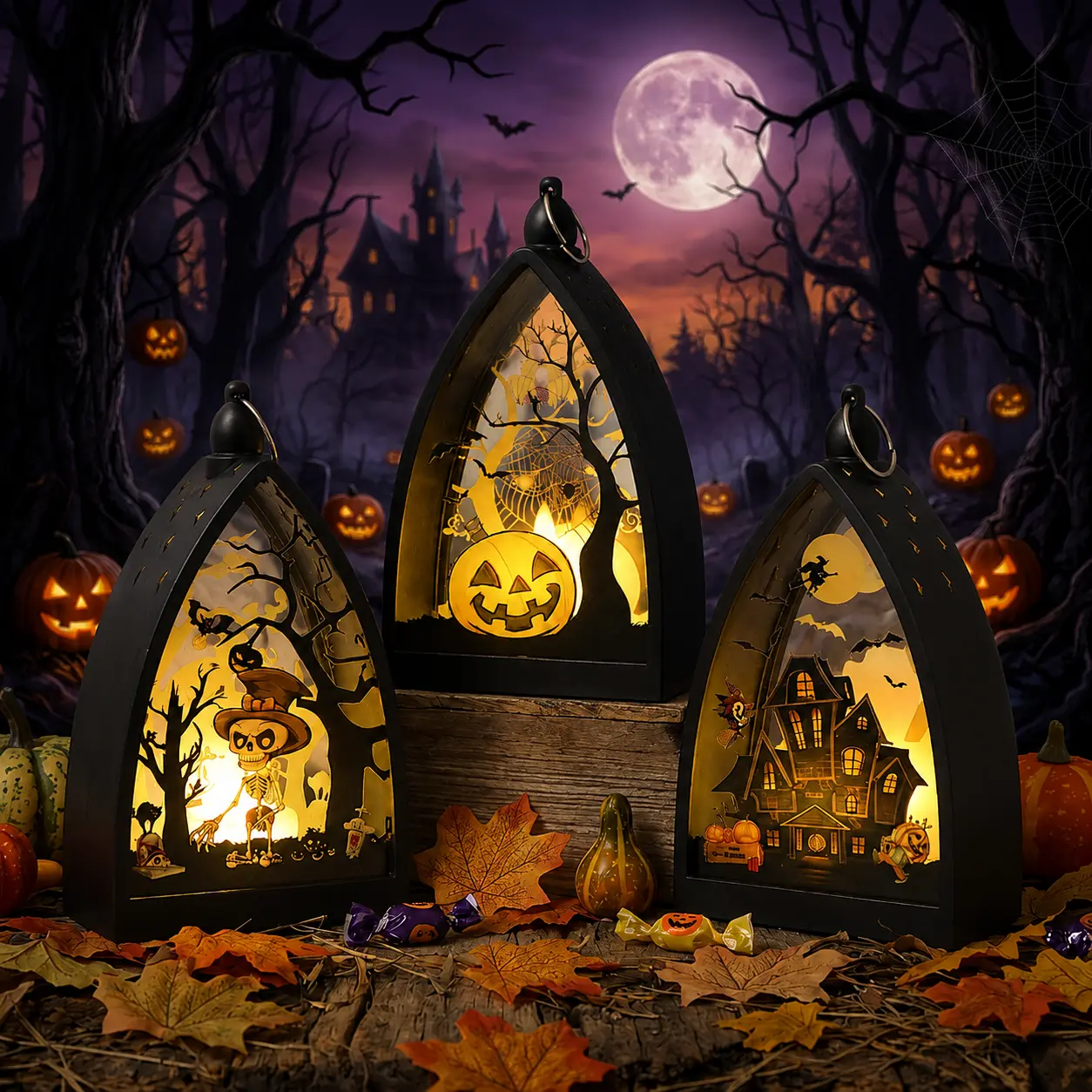 3 PCS Halloween Lighted Lantern Set, Warm LED Gothic Shadowbox Lanterns with Pumpkin, Skeleton & Haunted House Scenes, Spooky Tabletop Decor for Mantel Shelf Entryway Party, Fall Home Decoration & Halloween Gift