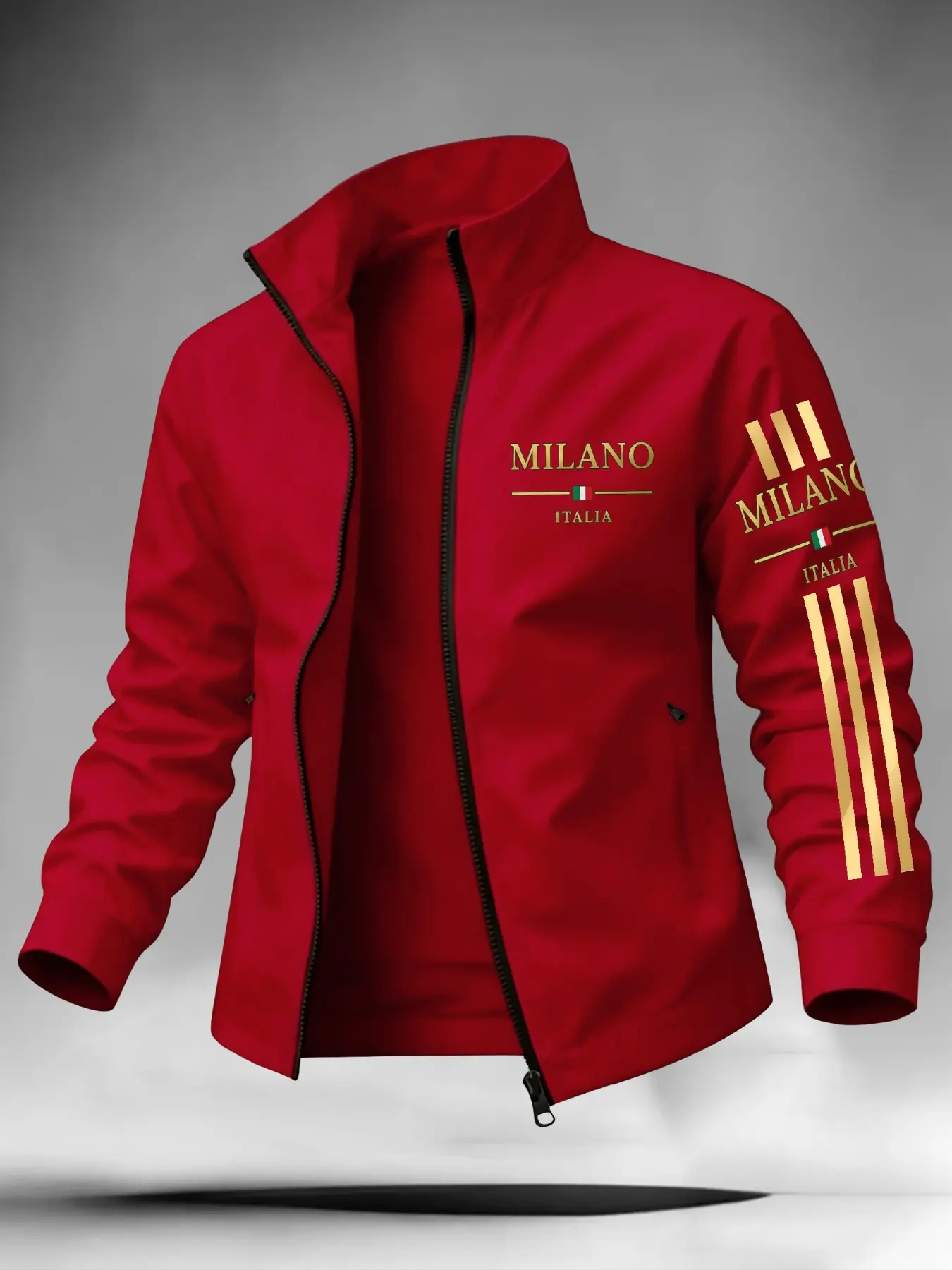 Men's Stand Collar Zipper Jacket, Milano Italia Graphic Sleeve Print, Classic European Casual Coat, Spring & Fall Outdoor Wear