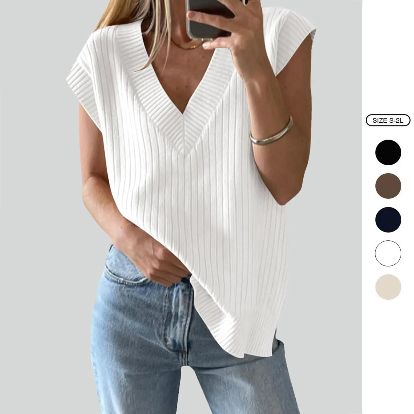 Imily Bela Womens V Neck Sweater Vest Oversized Ribbed Knit Sleeveless Casual Loose Fit Pullover Tank Top