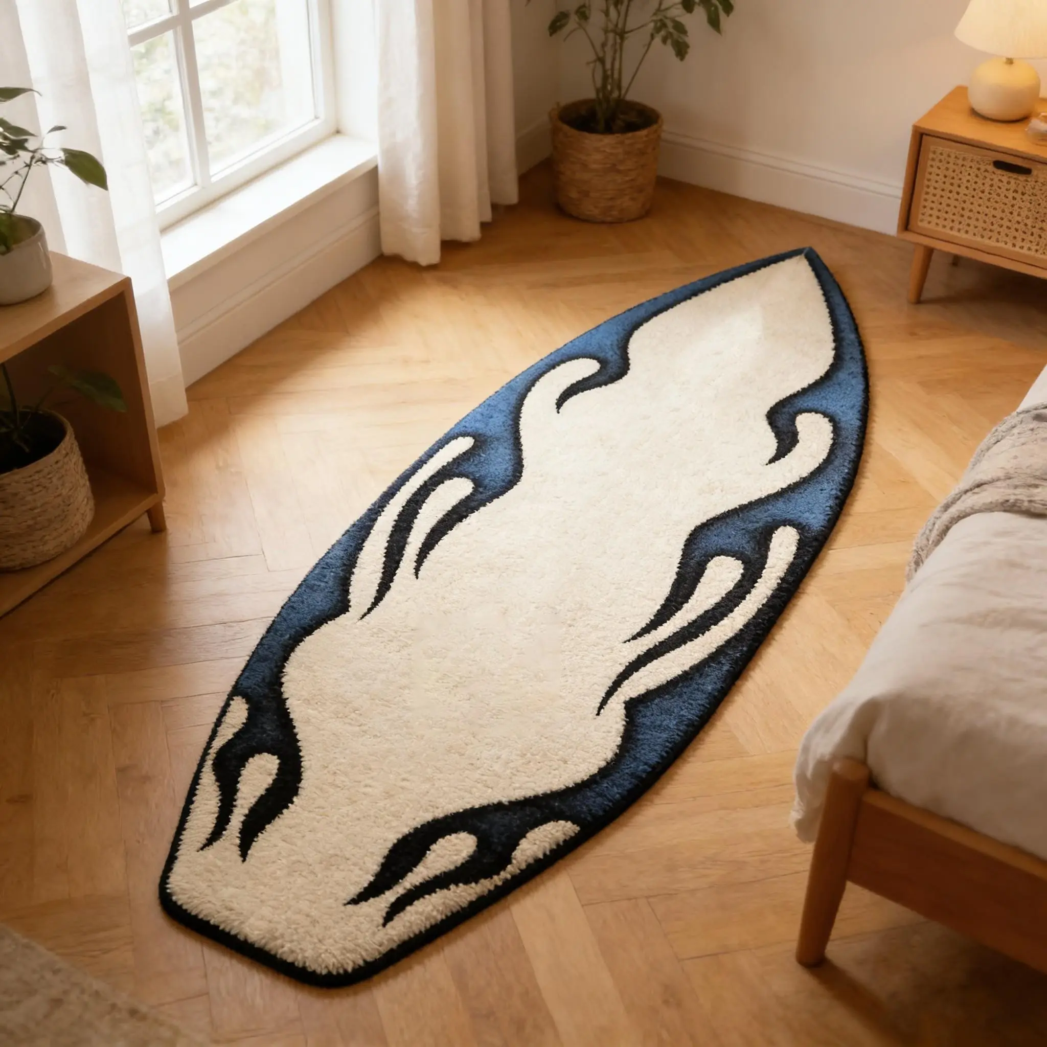 Blue Flame Surfboard Shaped Rug, American Style Long Strip Mat, Soft Plush Carpet for Sofa, Coffee Table, Living Room, Bathroom, Hallway, Super Fluffy Rug