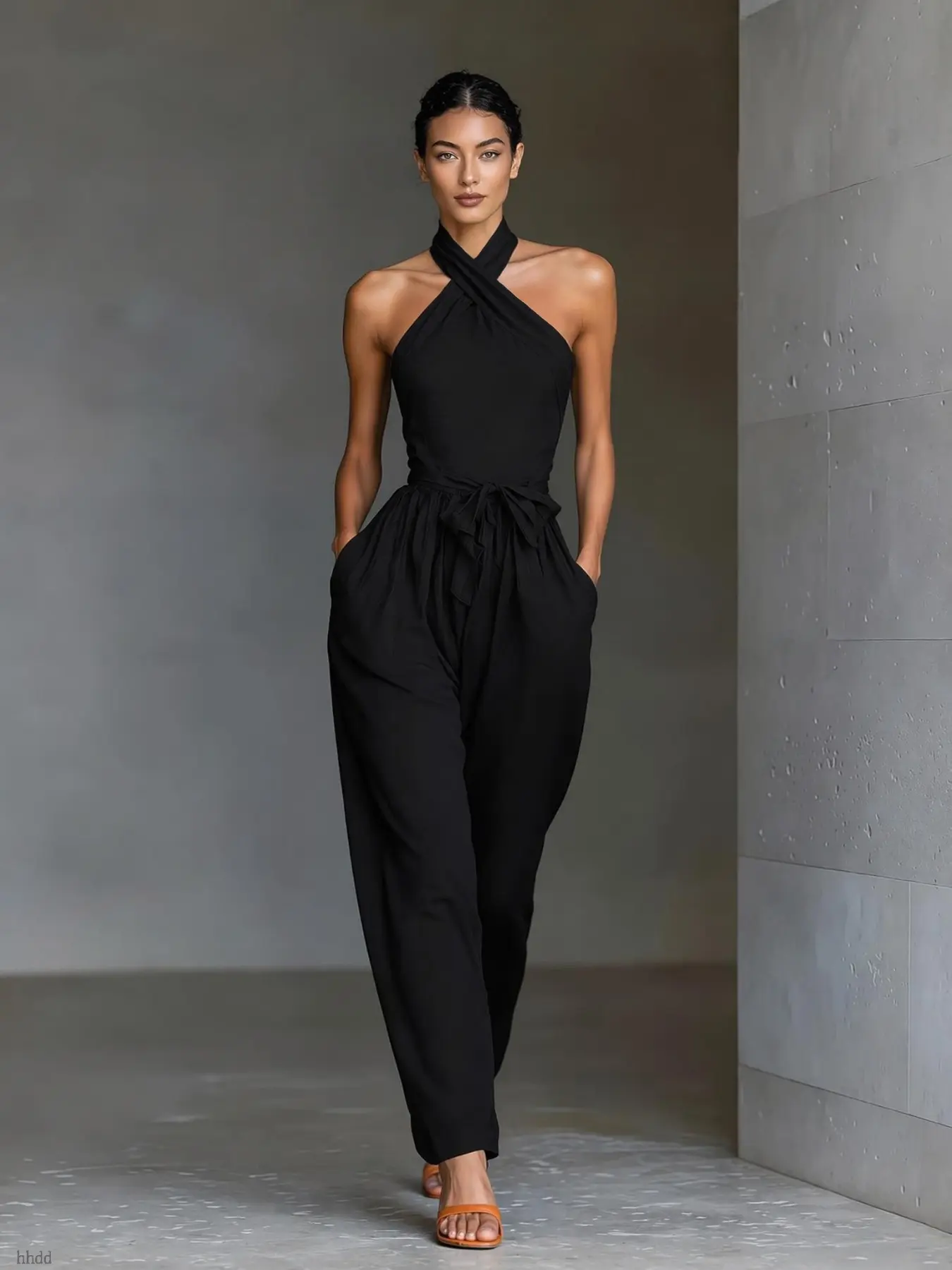 Women's Cross-Over Wrap Halter Jumpsuit with Belt, Detachable Straps, Wide Leg, Side Pockets, Breathable Summer Sleepwear, Casual & Vacation Wear