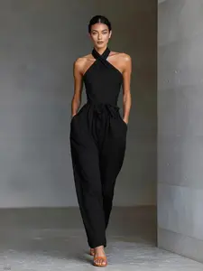 Women's Cross-Over Wrap Halter Jumpsuit, Detachable Straps, Wide Leg, Side Pockets, Breathable Summer Sleepwear, Casual & Vacation Wear