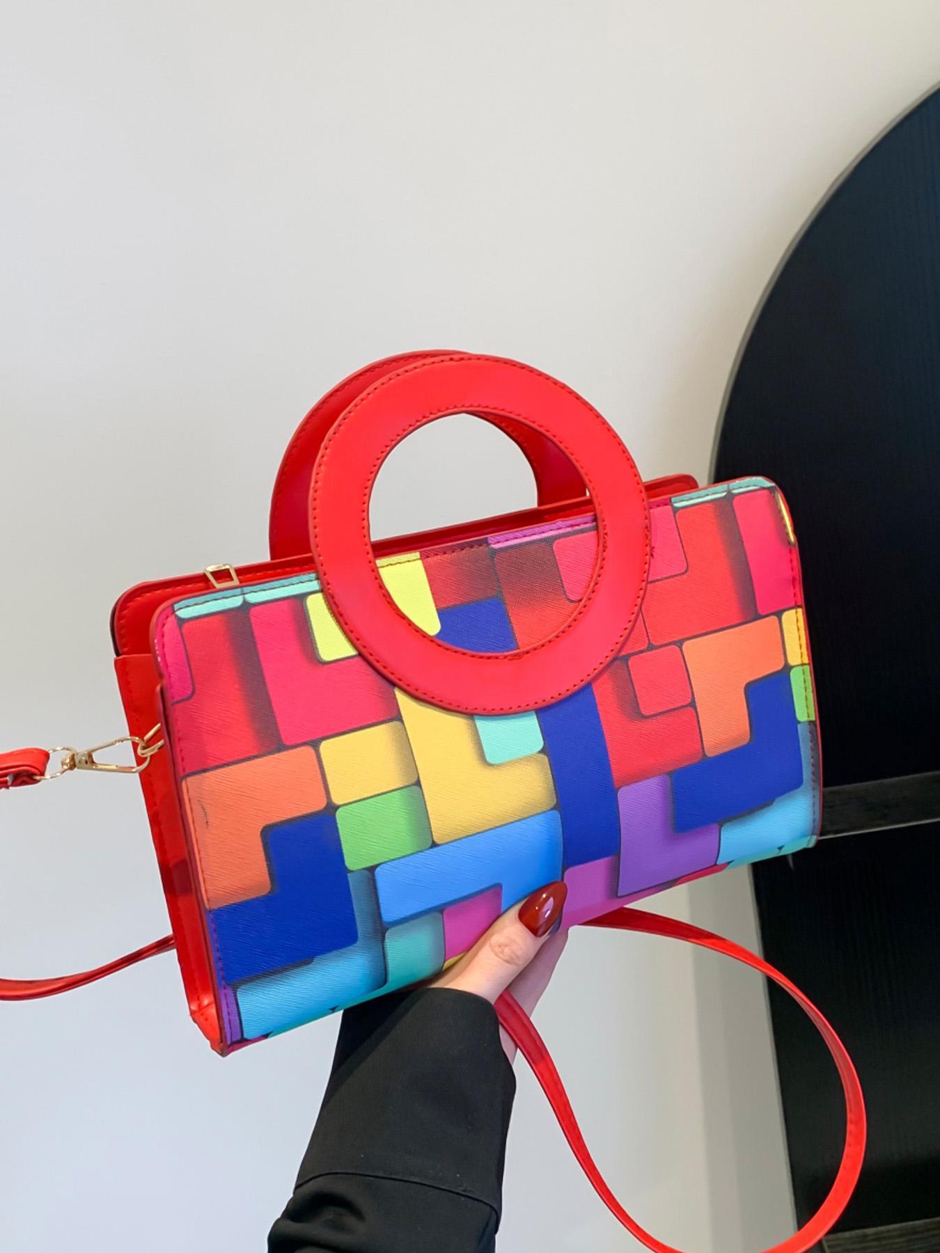 Valentine's Day Ladies' Handbags, Fashionable Retro Color-Blocked Design, Ideal for Commuting, Shopping, Dating & Parties, Colorblock Patchwork Handbag, Geometric Pattern Bag