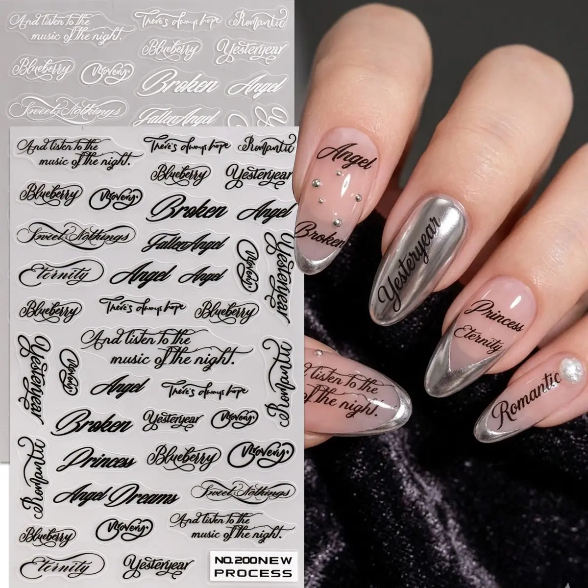 2 Sheets Gothic Calligraphy Nail Stickers, Vintage 3D Embossed Letters, Dark Theme Nail Art Supplies, Nail Art Products, Music Festival Wedding Party Decorations