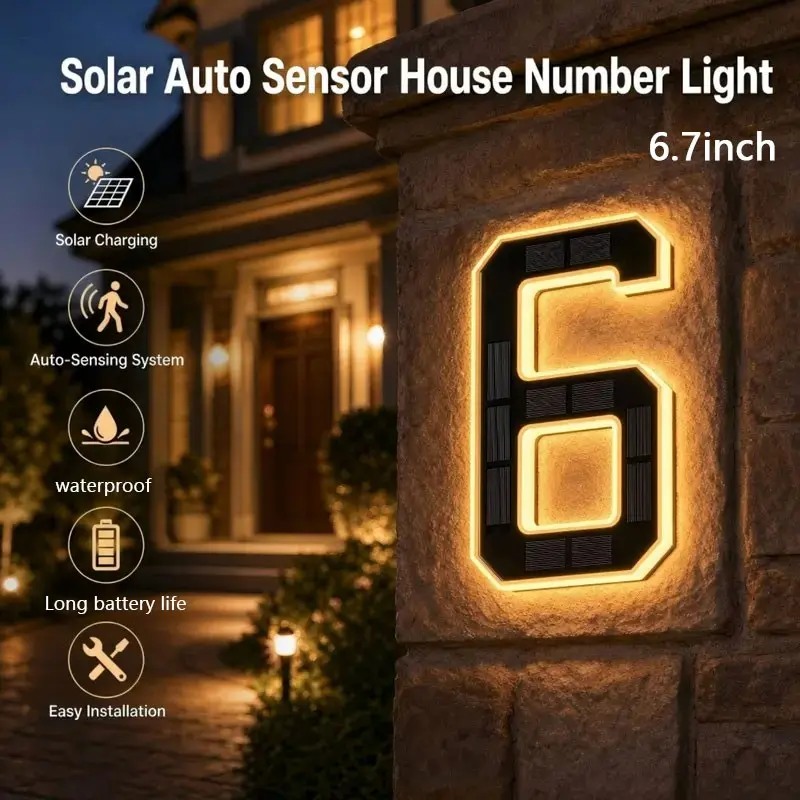 Solar Powered Door Number Light, 6.7 Inch, No Wiring Needed, Waterproof, Modern Home Decor, Outdoor Address Sign, Garden Wall Lighting