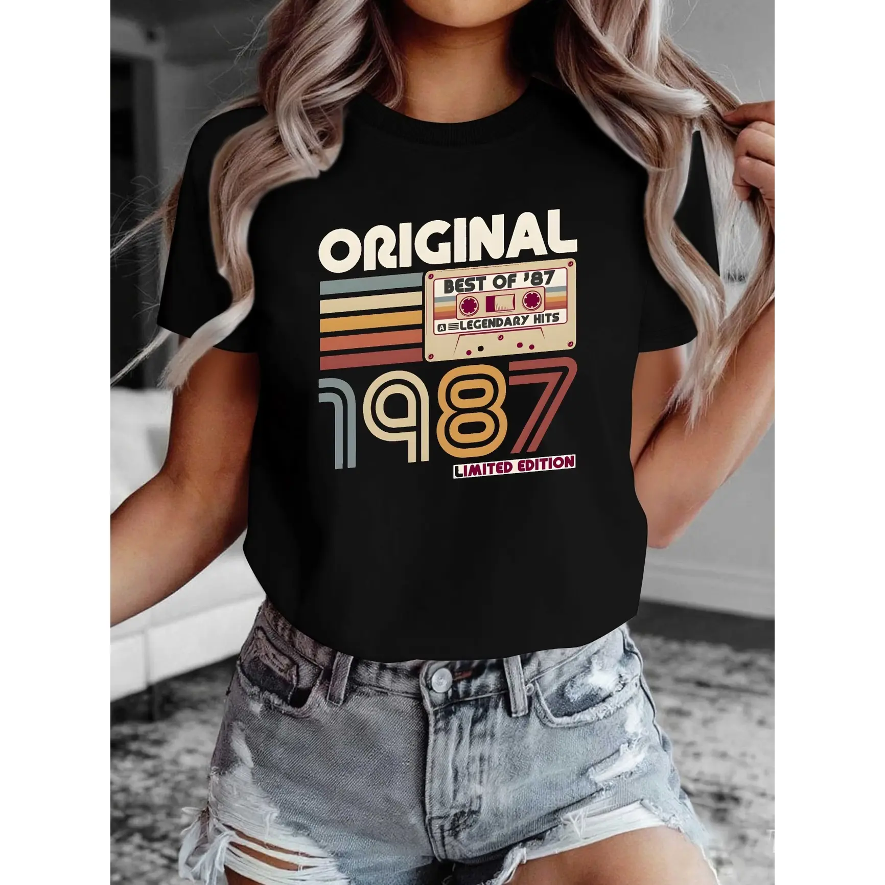 Original 1987 Retro Cassette Tape Graphic Oversized Cotton T-Shirt, SummerVibes,Vintage Birthday Fashion Comfort Outfit Tee, Perfect Birthday Valentine Holiday Gift For 1987 Born Friends