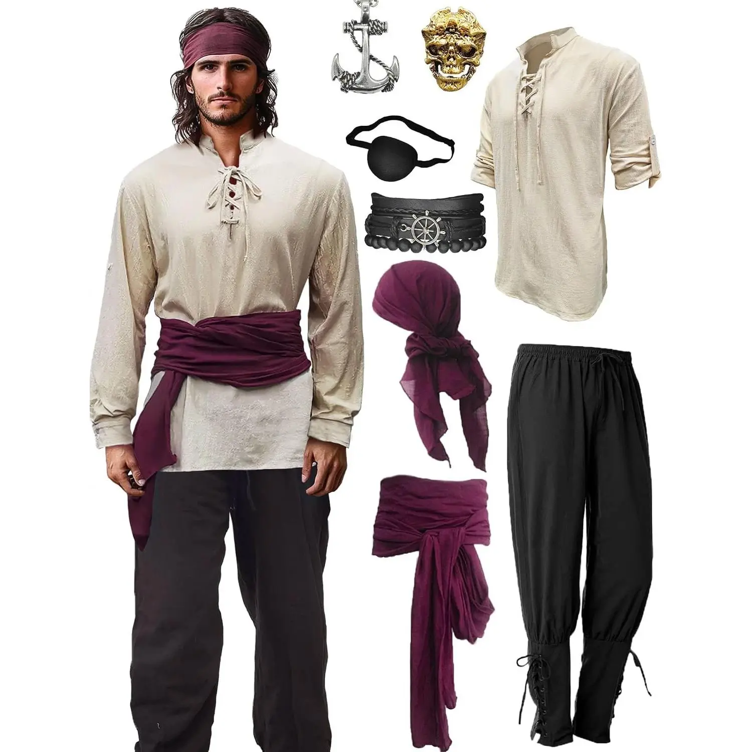Men's Pirate Costume Outfit Renaissance Medieval Set with Pants, Shirt, Sash & Accessories (Khaki, Large)(Gift)