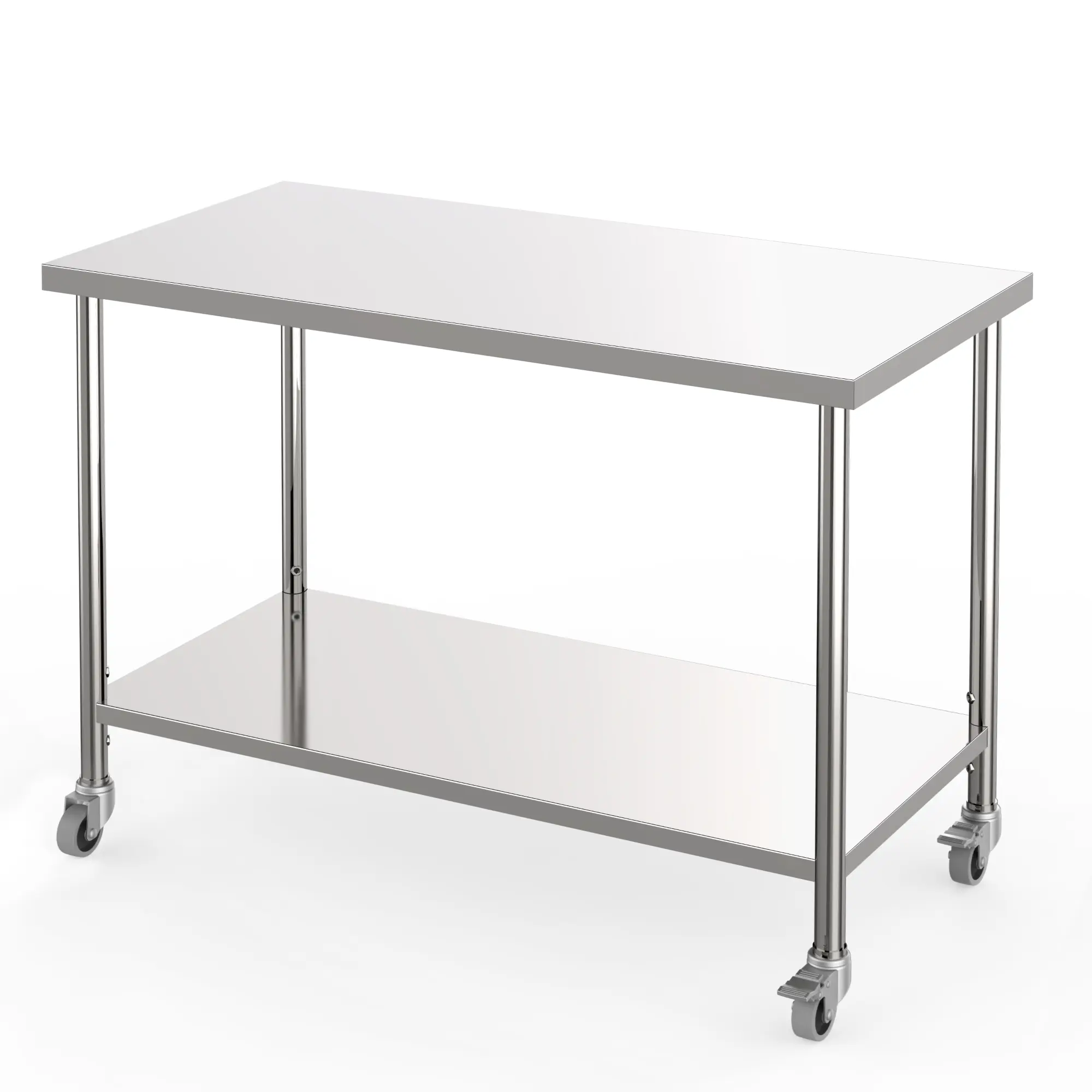 Heavy Duty Stainless Steel Commercial Work Table, 2-Tier Prep Table with Adjustable Undershelf, 1760 lbs Load, NSF Certified, for Restaurant, Kitchen, Garage - 48x24x35 inch, With Rotating Wheels and Brakes