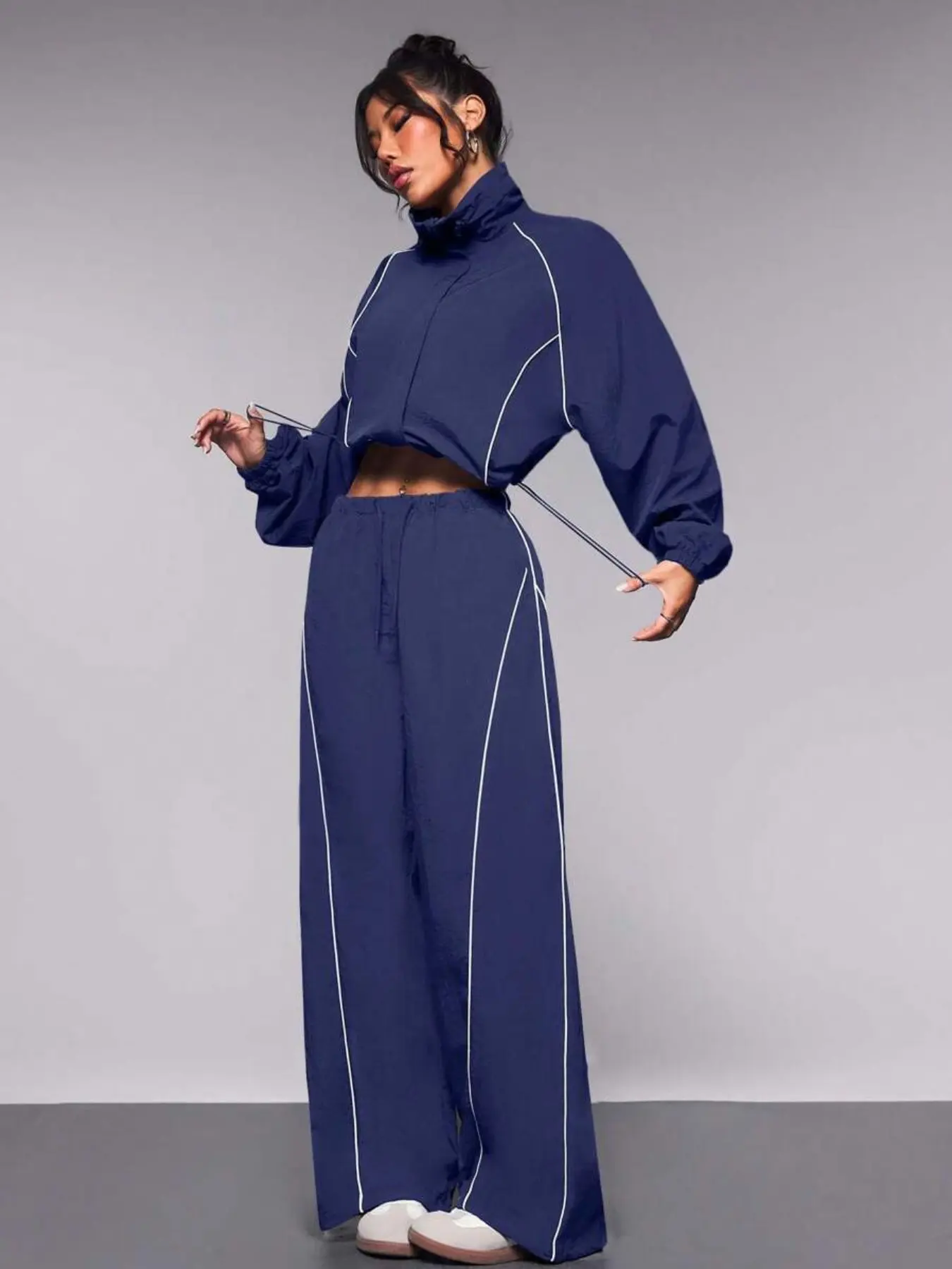 Women's Sportswear Set, Drawstring Short Top + Loose Wide Leg Pants, Casual Fashion Colorblock, Trendy Clothing, Athleisure Tracksuit Outfit