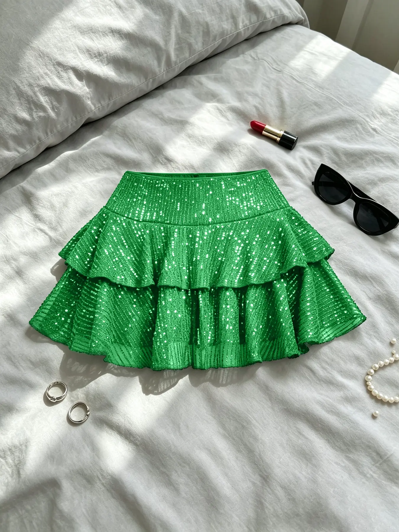New Women's Sequin Mini Skirt, High Waist Double-Layer Ruffled Mesh Design, Perfect for Daily Shopping, Dates, Parties and Outings