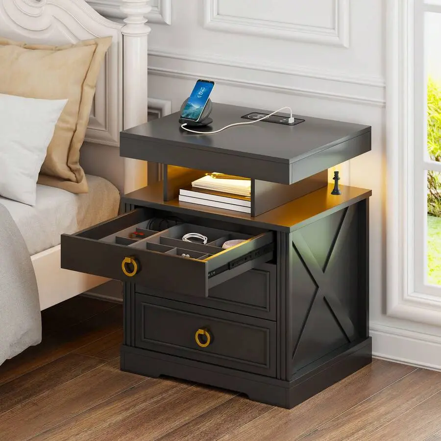 Bedside Table With Hidden Compartment Bedroom Furniture, Nightstand With Gun Drawers, LED Farmhouse Night Stand With Charging Station, Smart End Table With 3 Color Auto Light