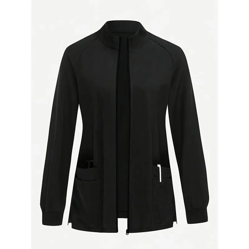 Multi-pocket Black Long Sleeve Women's Casual Jacket Beauty Salon Workwear Laboratory Doctor Nurse Coat Tops Basic Fitted Outerwear