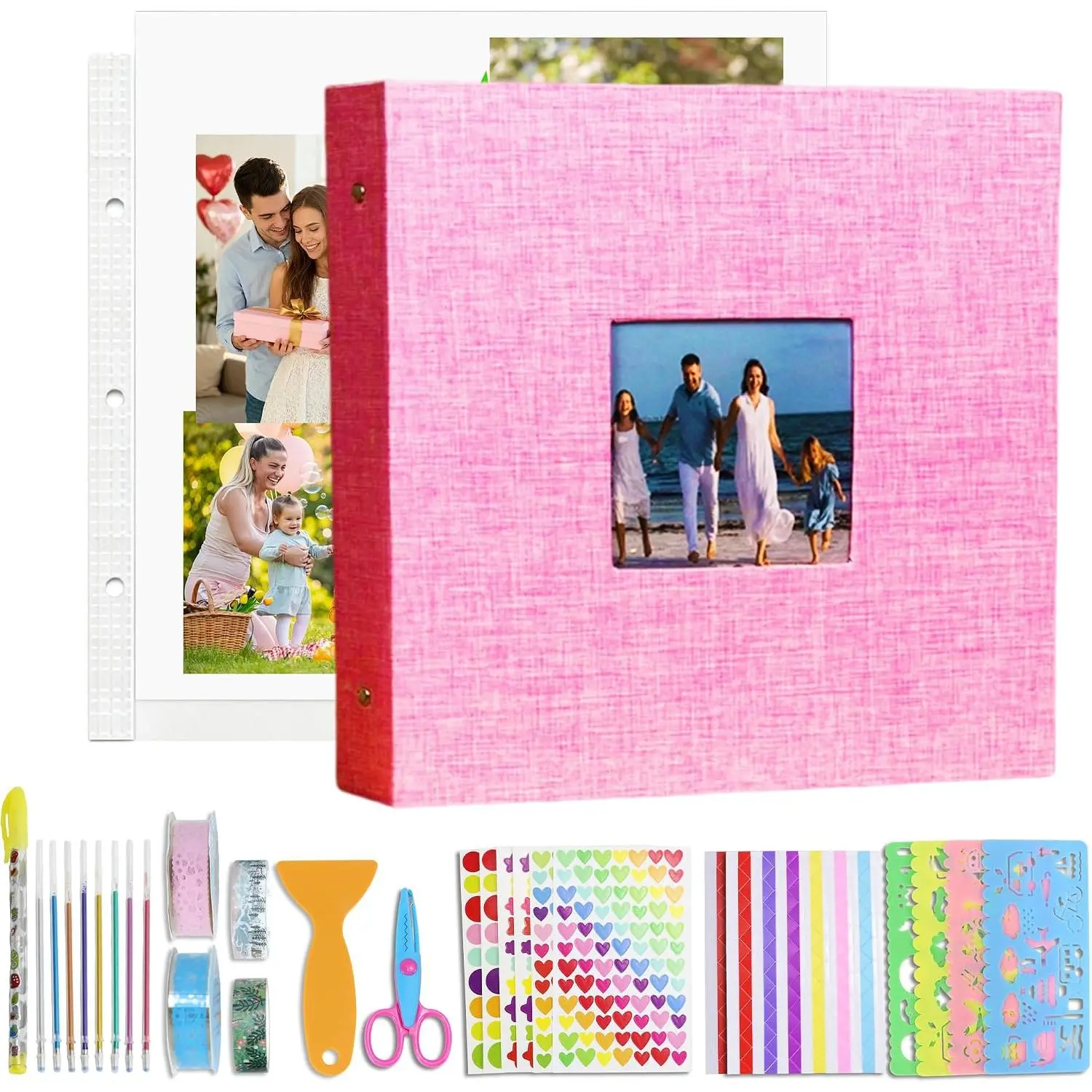 DIY Scrapbook Album Set, Linen Cover 20 Sheets Self Adhesive | 3 Ring Photo Album with Scrapbook Kit, Include Stickers  Tape for Wedding Family  Travel,  11*10.6 Inch