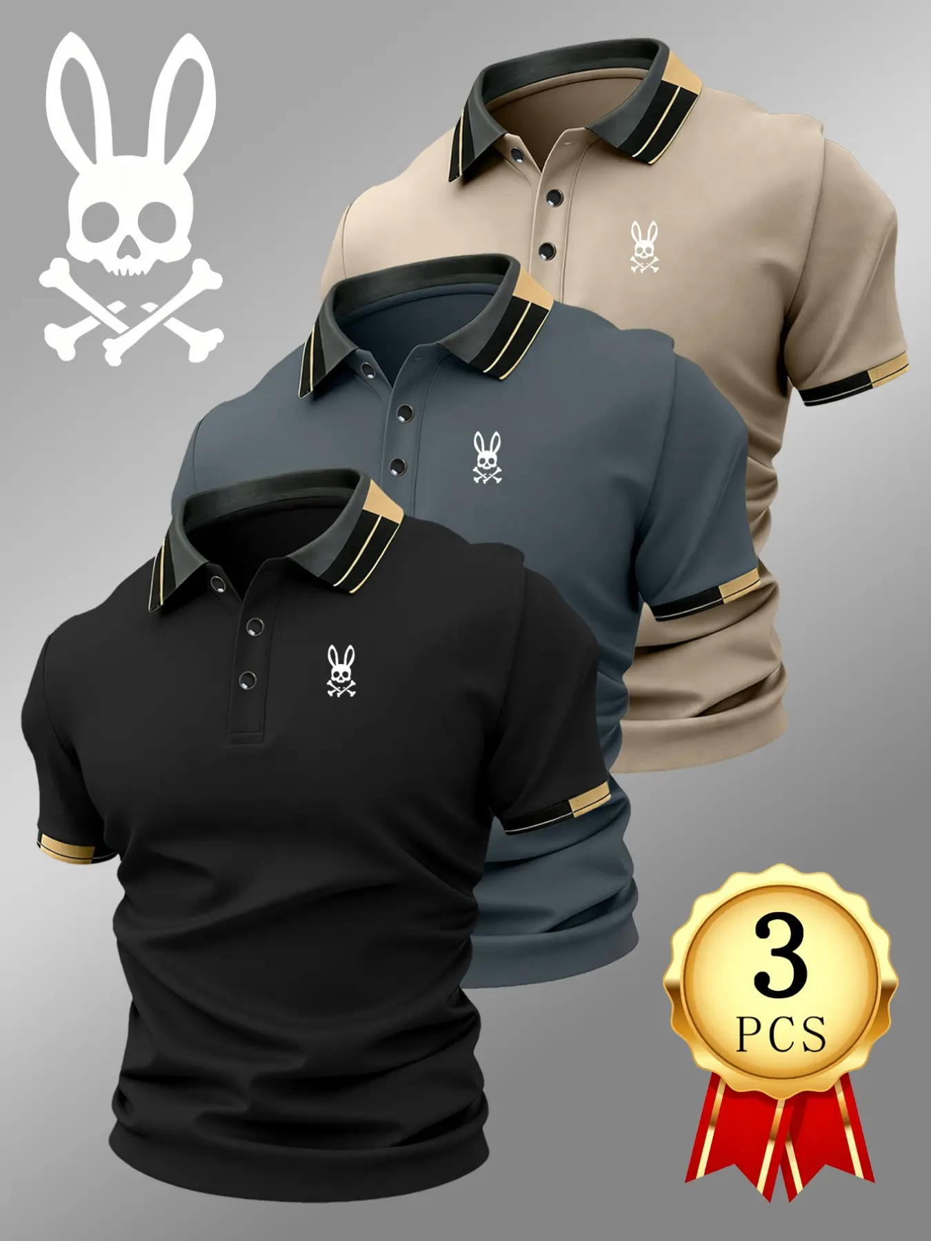 Men's Luxury Golf Polo Shirt Set, Skull Rabbit Print, Casual Short Sleeve, Breathable and Comfortable, All-Season Wear