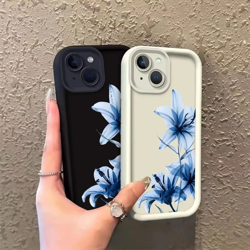 ROOJTN2TR Durable Soft Silicone Phone Case with Screen Protector for iPhone 13/13mini/14/14plus/15/15plus - Translucent Blue Lily HD Print, Celestial Eye Layered, Shockproof, Full Edge Cover, Secure Button Coverage, Gift-Worthy Accessory
