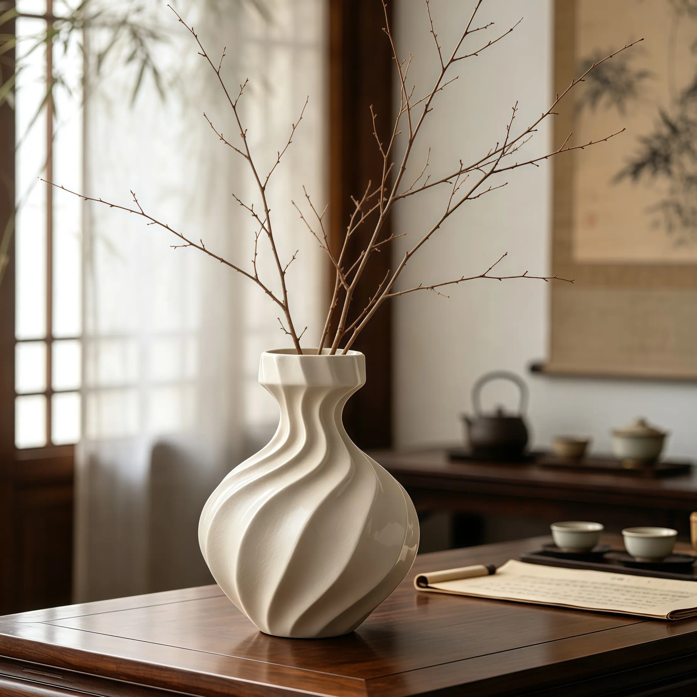 Spiral-Twisted Narrow-Mouth Ceramic Vase, Classic Vintage Decorative Vase for Flowers & Dried Branches, Home Decor for European & Middle-Eastern Interiors