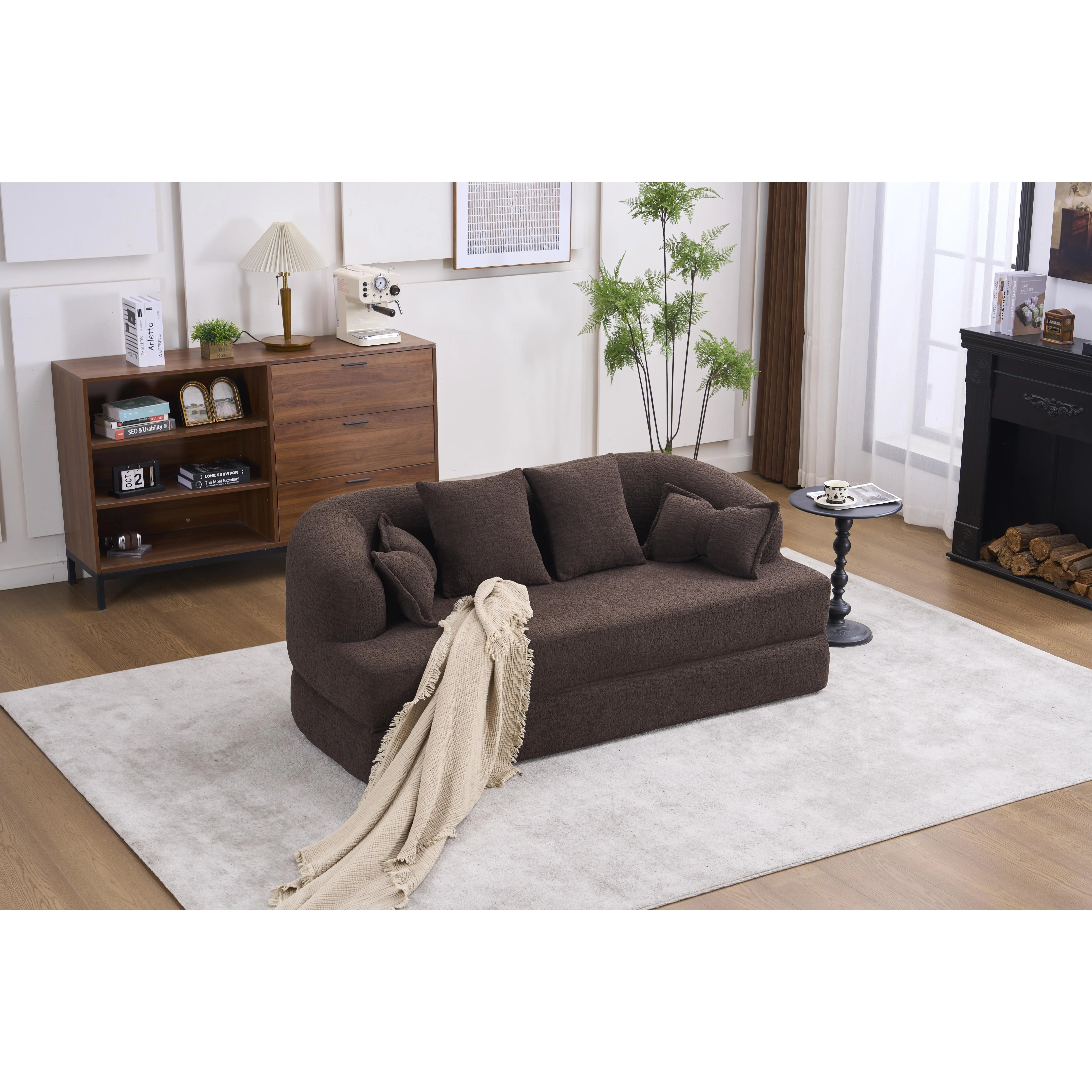 ARCH 2-in-1 Foldable Sofa Bed Loveseat for Living Room, 2-Seat Chenille Couch with Wood-Grain Fabric, Convertible Sofa Sleeper for Guest Room, Brown, Brown Color Options, Chenille Material, 2 Seat Seat Count, Product Dimensions: 35.80 W x 69.80 D x